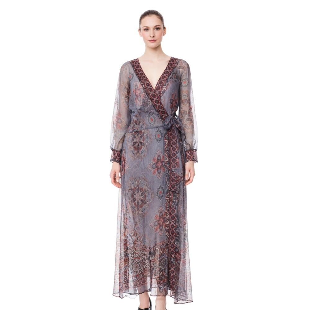 Royal Crack by Rachele Beretta Sheer Paisley Silk Maxi Wrap Dress L Italy - Picture 1 of 9